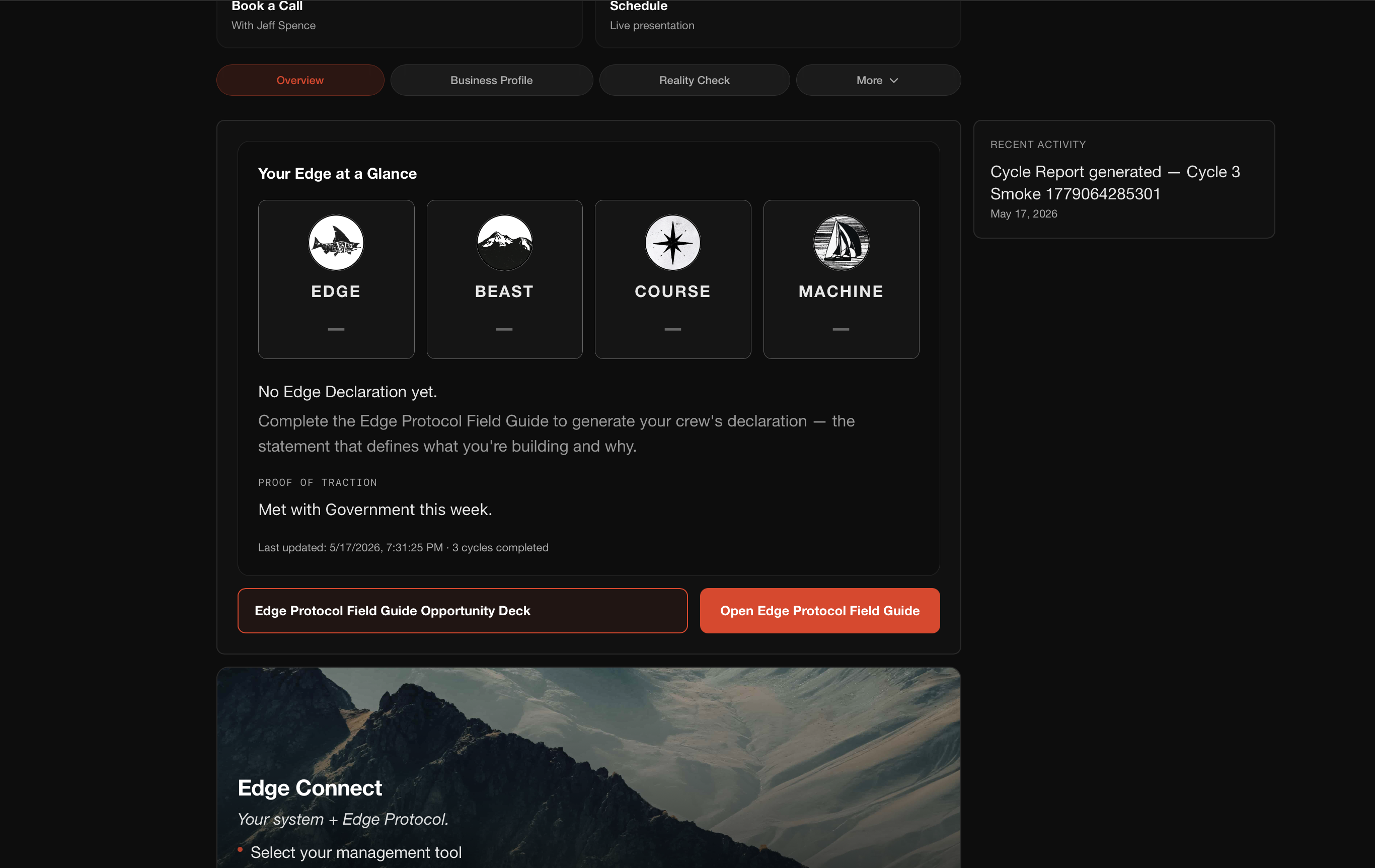 The Edge Resource Library dashboard showing the four stations — Edge, Beast, Course, and Machine — with progress at a glance